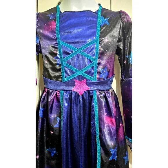 Starry Witch Costume Girls 8-10 Stars Moon Celestial Dress Sequin Hat Halloween - Picture 3 of 6